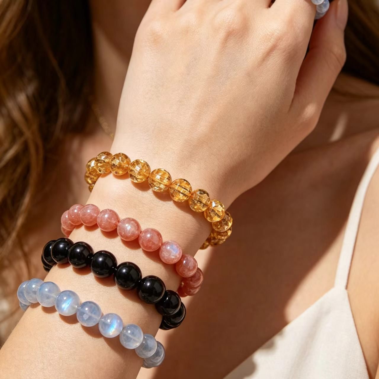 Rutilated Quartz * Moonstone * Obsidian * Rhodonite